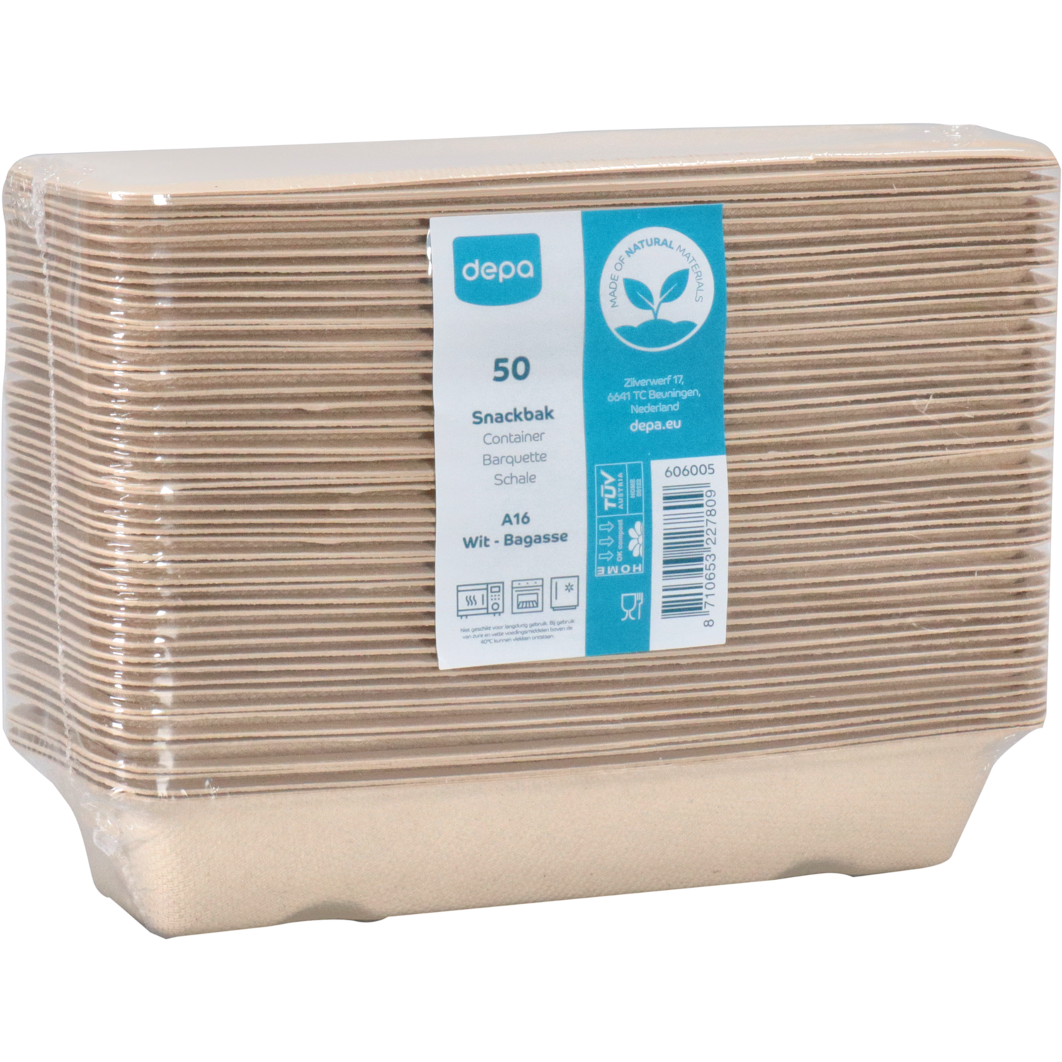 Depa Bak, Bagasse (suikerrietpulp), A16, snackbak, 200x72x32mm, naturel
