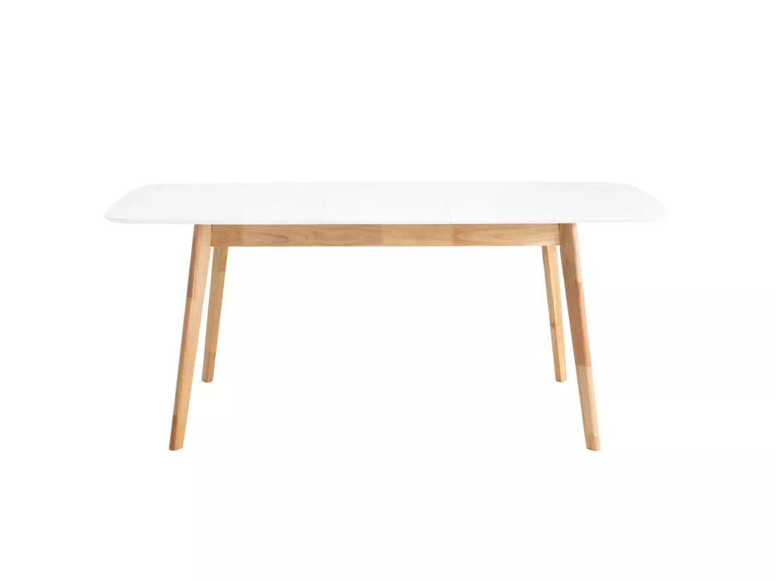 Table rectangulaire extensible scandinave blanc brillant et pieds bois clair Askin 140 à 180cm