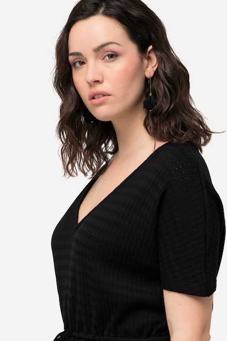 Midikleid, Strukturjersey, V-Ausschnitt, Halbarm