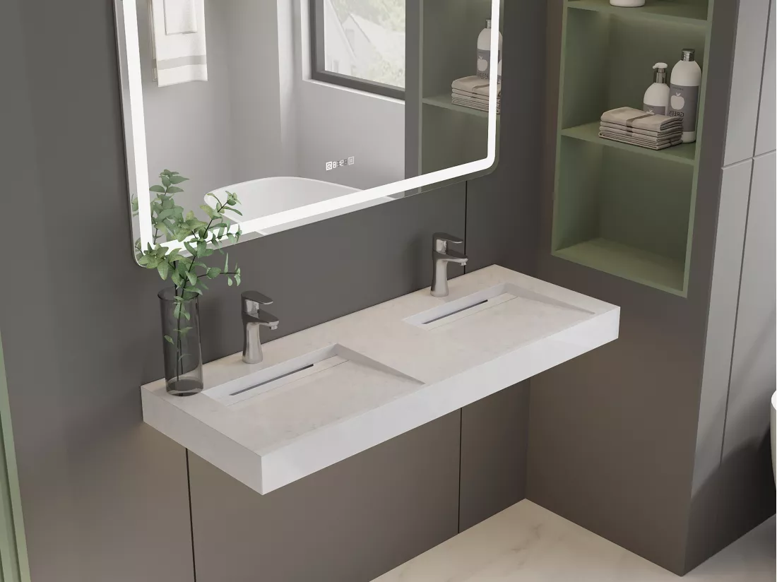 Double vasque suspendue en solid surface effet marbre blanc - KODIAK - L120.2 x l45.2 x H8 cm