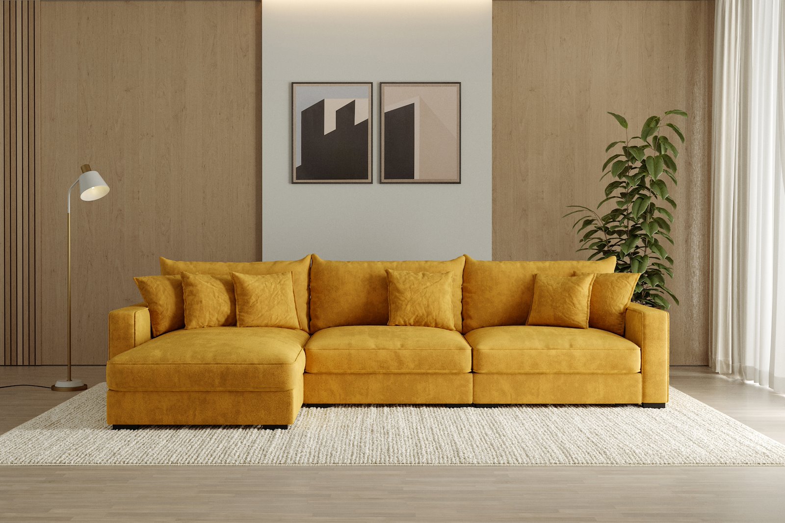 Rossi Lux 3-seter med sjeselong venstre Tekstil Genesis 10 Golden Yellow, arm B med sorte ben. Lux Komfort.