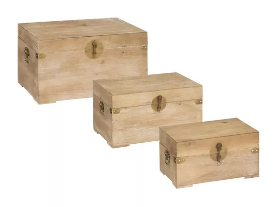 Set de 3 Malles de rangement en bois et métal doré L 58 L 47 et L 37 cm
