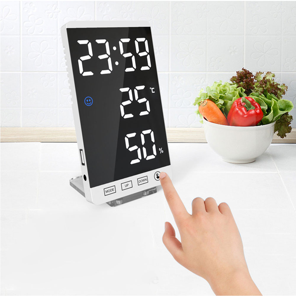 (15x9cm) Digitaler LED Wecker Dimmbar mit Spiegel / Thermometer / Hygrometer / USB A Ladeanschluss   Magnetischer Standfuss - Schwarz
