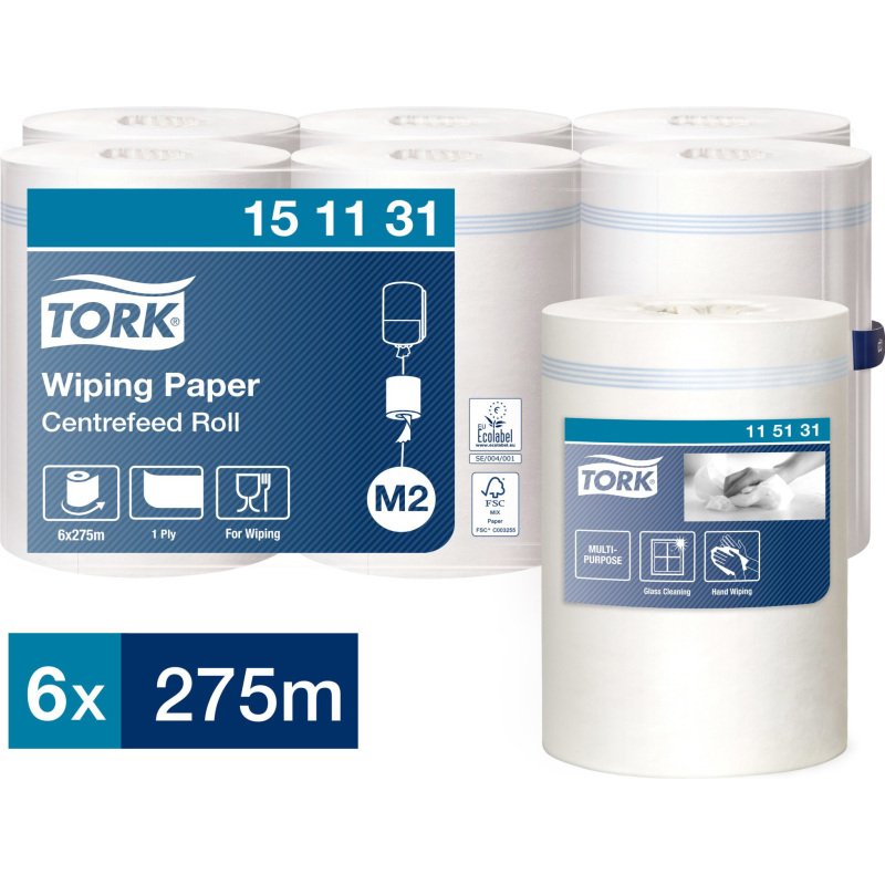 Bobine d'essuyage à dévidage central Tork M2 Wiper 415 Maxi blanche - carton de 6