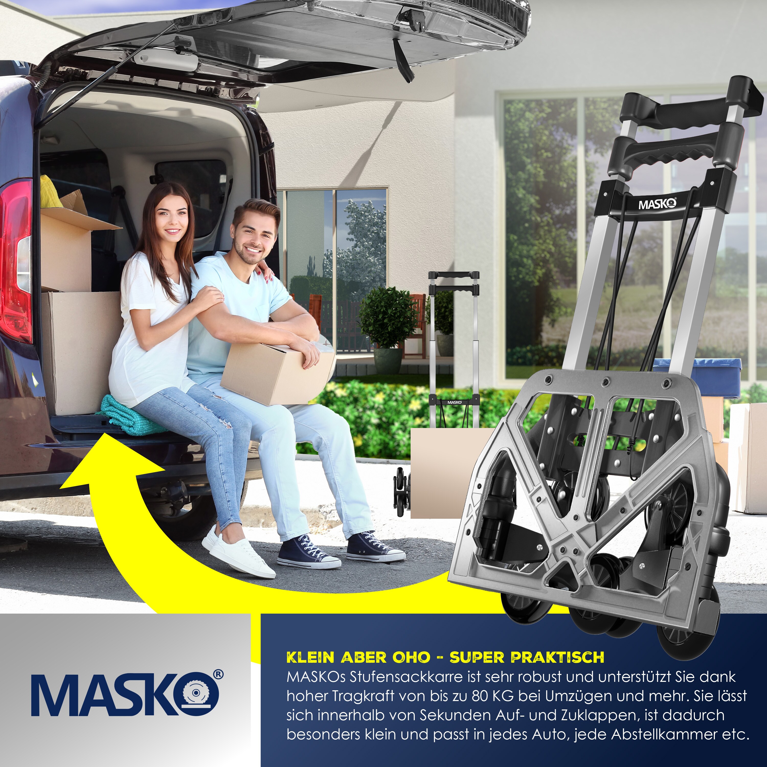 MASKO® Stufen-Sackkarre Treppenkarre Klappbar 80 kg Tragkraft 3x3 Treppensteiger inkl. Rädern + Expanderseil + Handschuhe - höhenverstellbarer Griff - Aluminium Handkarre für Transportkarre