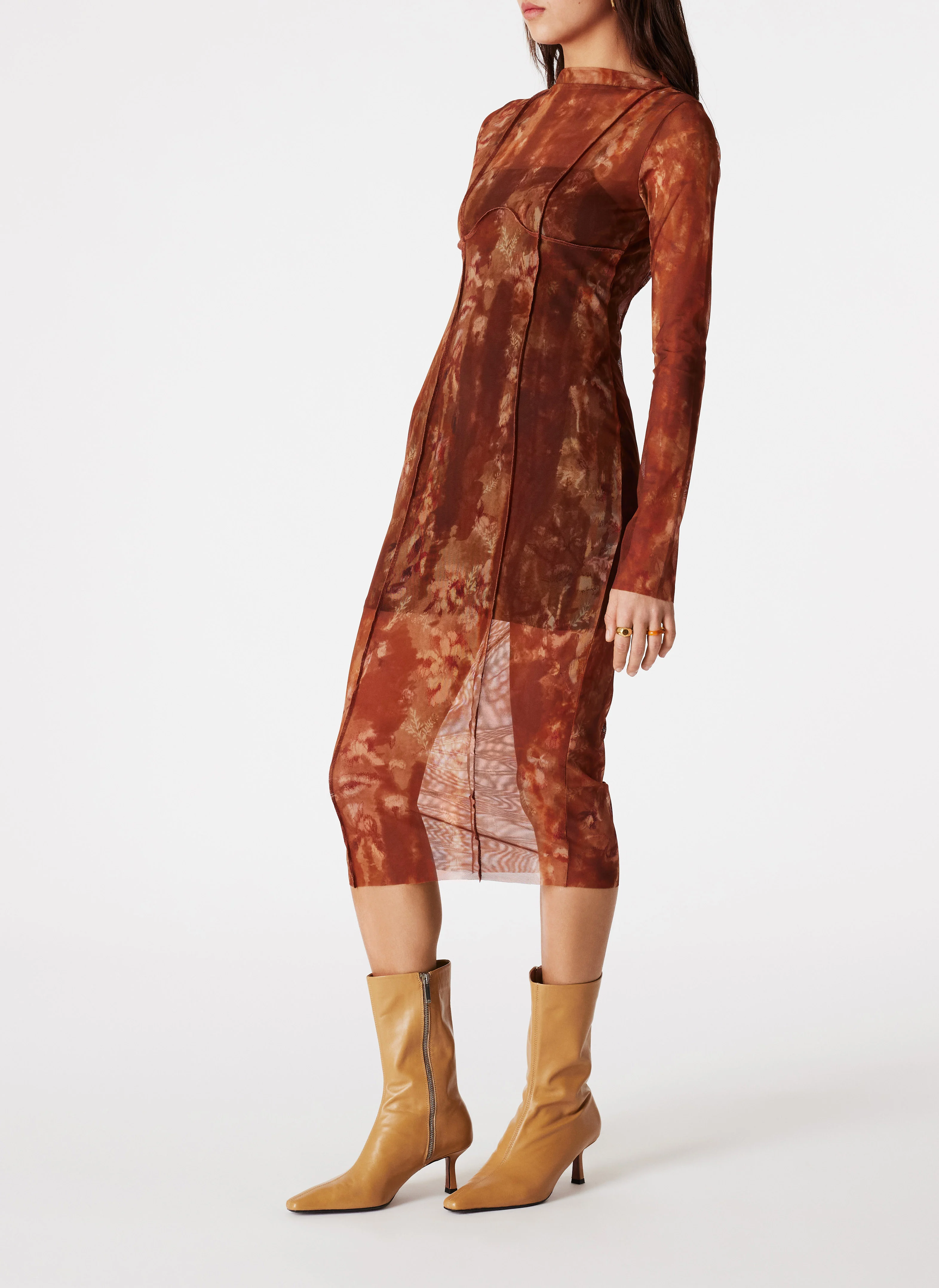 PETRA - Robe moulante en tulle| Marron