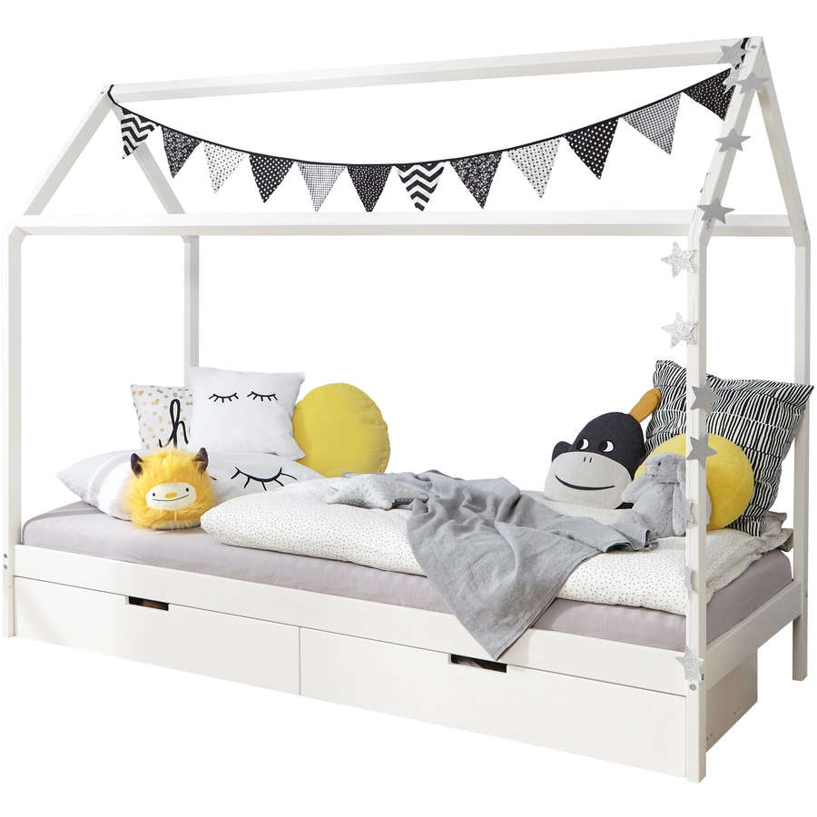 TICAA Kinderbett Hausbett Lina mit Schubkästen 90x200 cm Kiefer weiß weiß