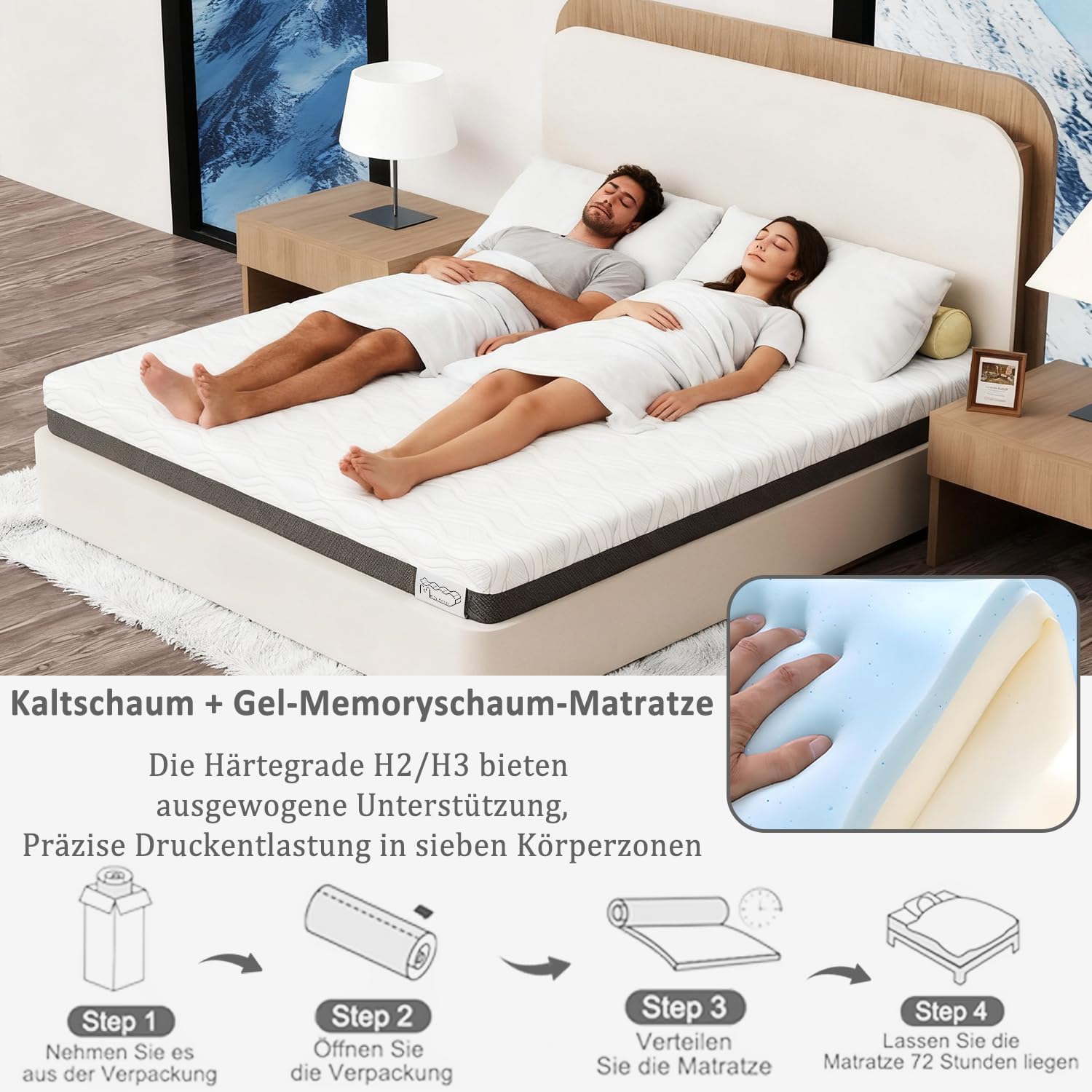 Matratze 120x200cm H3, 7-Zonen Memorymatratze 26 cm Höhe, Kaltschaummatratze H2/H3 Härtegrad, Premium Matratze für großes Doppelbett & Familien Schlafzimmer (120x200X26cm)