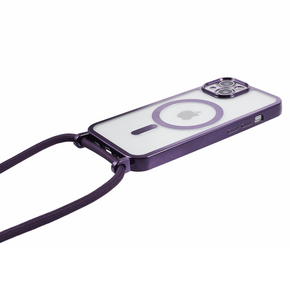 iPhone 15 MagSafe Necklace Gummi Case Hülle Galvanisierter Rahmen mit Handykette (160cm)   Kameraschutz - Lila / Transparent