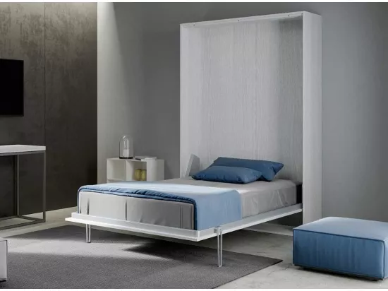 Lit escamotable vertical frêne blanc et porte violet kanto 140x190
