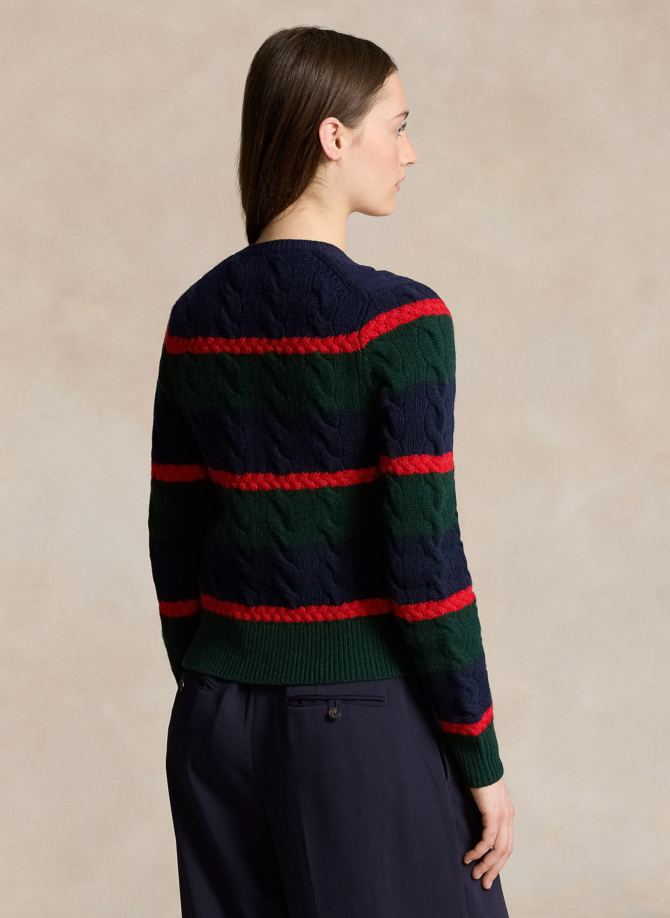 Gilet droit col rond rayé en laine te cachemire | Multicolore