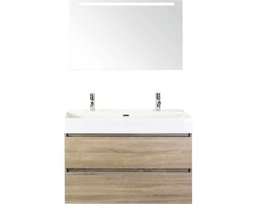Sanox Maxx XL badkamermeubelset (B x H x D): 101 x 183 x 45,5 cm, eikengrijze fronten, met witte keramische wastafel en dubbele keramische wastafel, badmeubel, spiegel met LED-verlichting