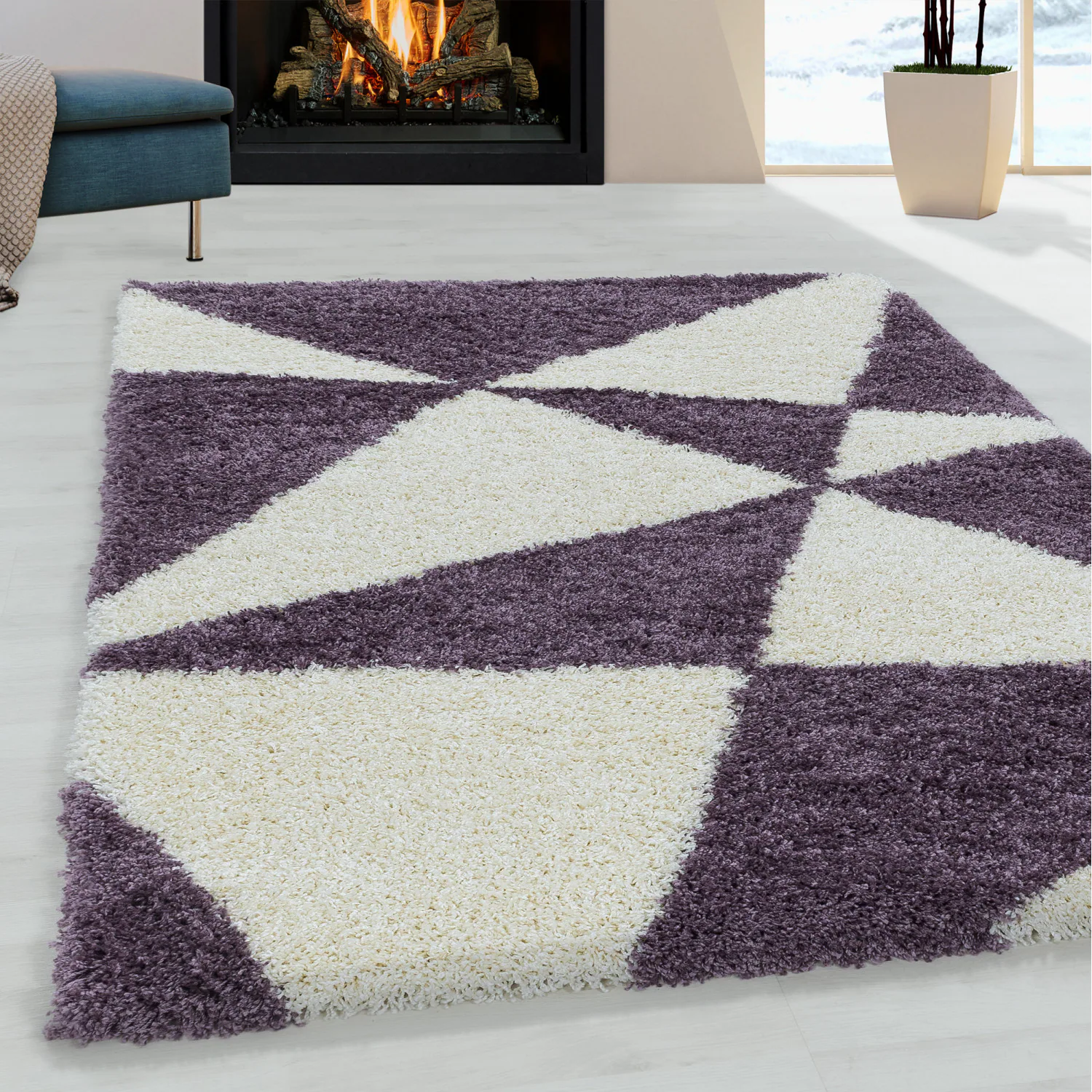 Stilvoller Hochflor Teppich, Modernes geometrisches Design, weicher Shaggy