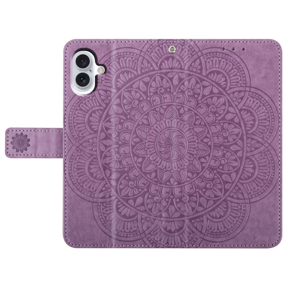 iPhone 16 Leder Tasche Wallet - Mandala Flowers Imprint - Lila