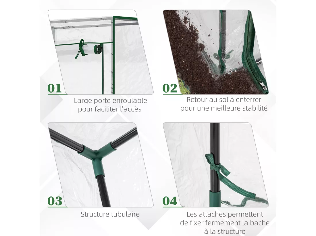 Serre de Jardin serre à tomates 1L x 0,5l x 1,5H m porte zippée déroulante acier thermolaqué PVC haute densité 140 g/m² anti-UV