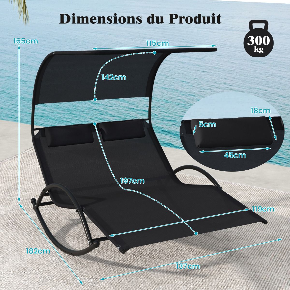 Chaise Longue Double Chaise à Bascule pour 2 Personnes 2 Appui-Têtes Amovibles Cadre en Métal Robuste Lit de Repos Ergonomique 2 Places Gris/Noir/Beige - Lidl-Manfred