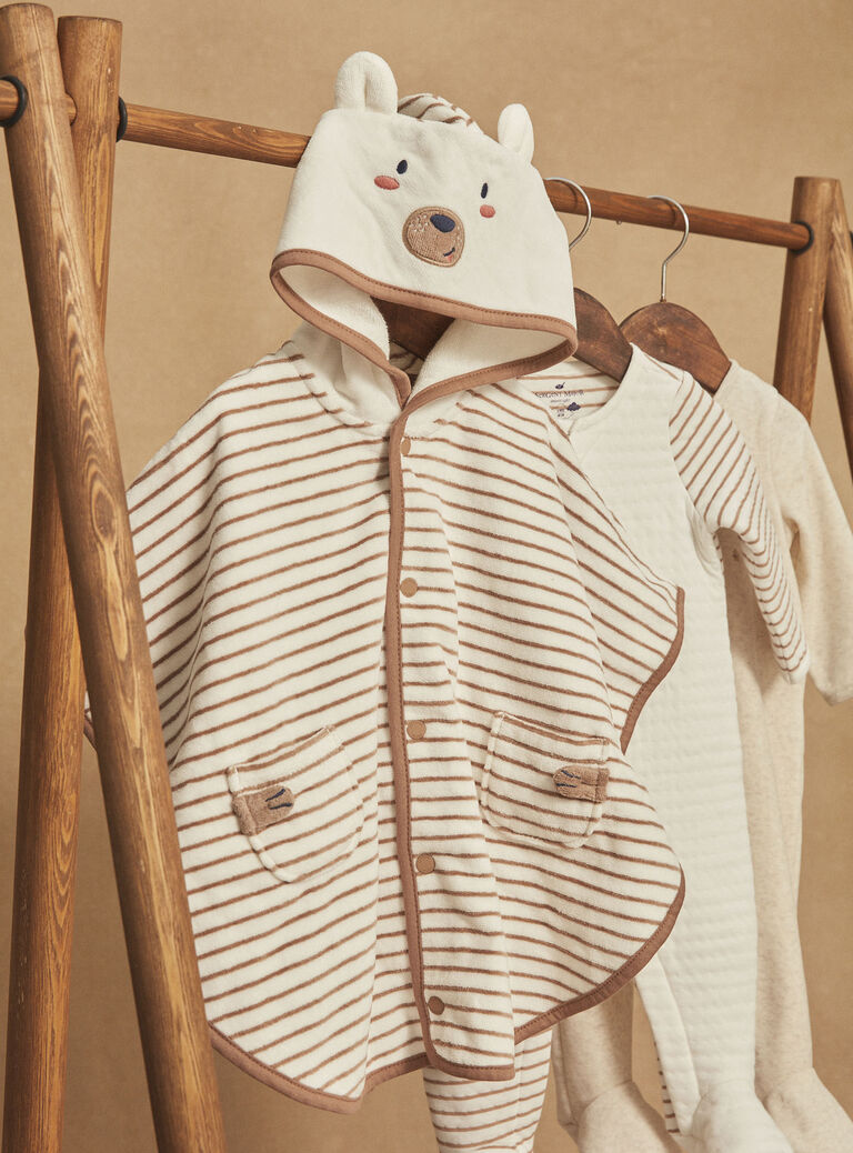 Cape de bain à capuche beige à imprimé à rayures