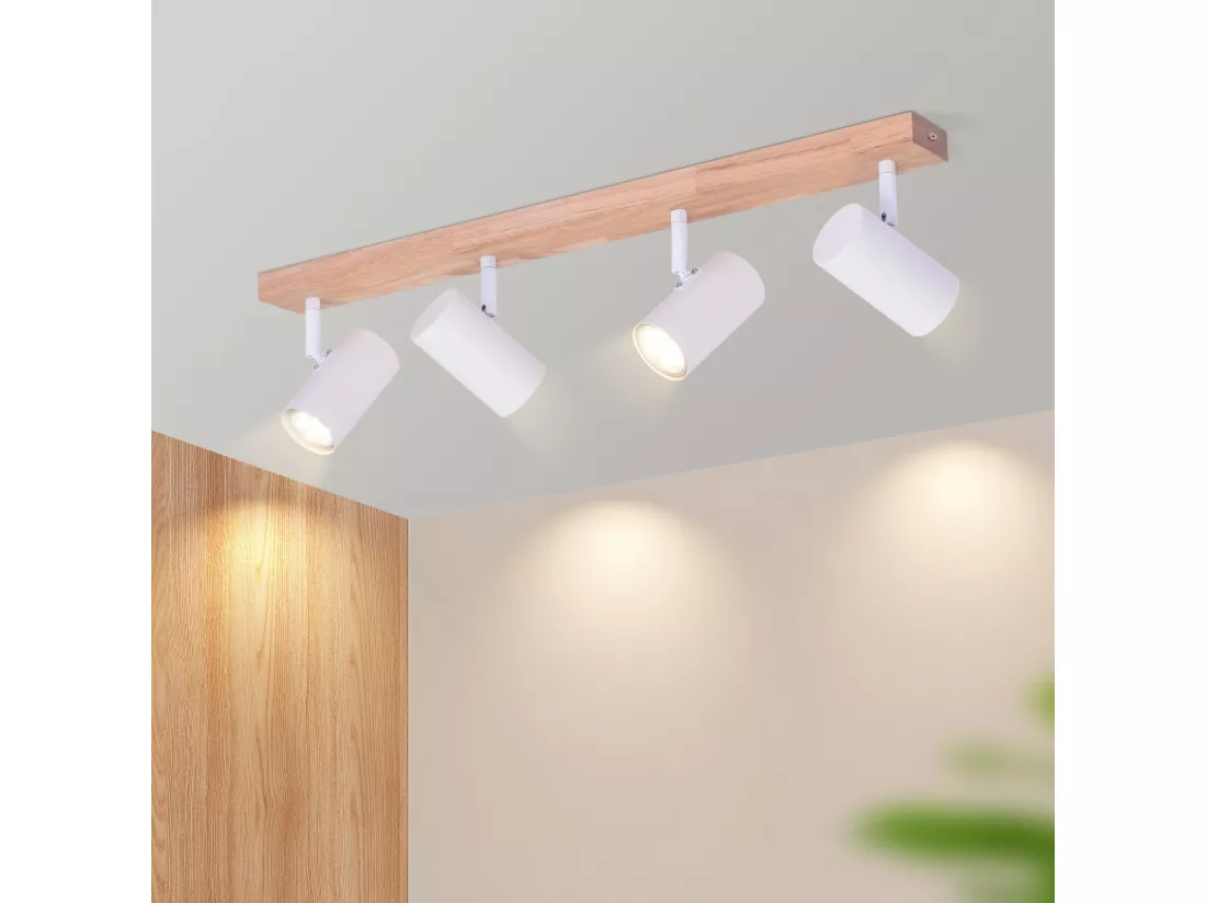 NETTLIFE Spot de plafond 4 flammes bois blanc vintage GU10 plafonnier orientable lampe de couloir orientable 350°