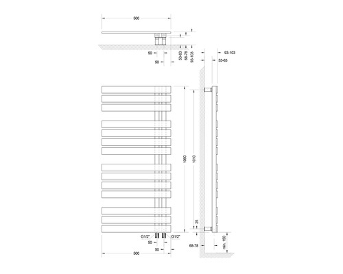SCHULTE Breda elektrische handdoekwarmer, verwarmingselement links, 50 x 106 cm, 600 W, met Schuko-stekker, wit