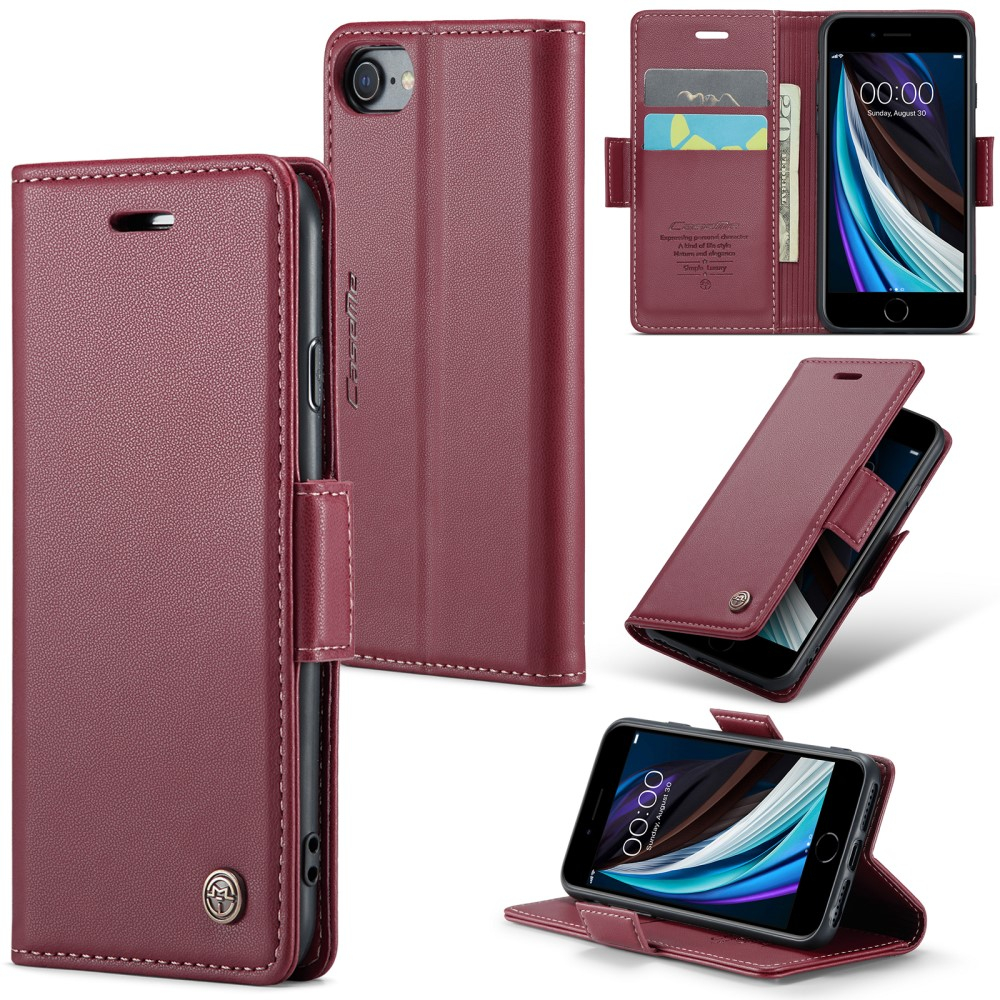 iPhone SE (2022/2020) / 8 / 7 / 6S Leder Tasche Flip Wallet Etui mit Kartenfächern Litchi Look (RFID Schutz) - Rot
