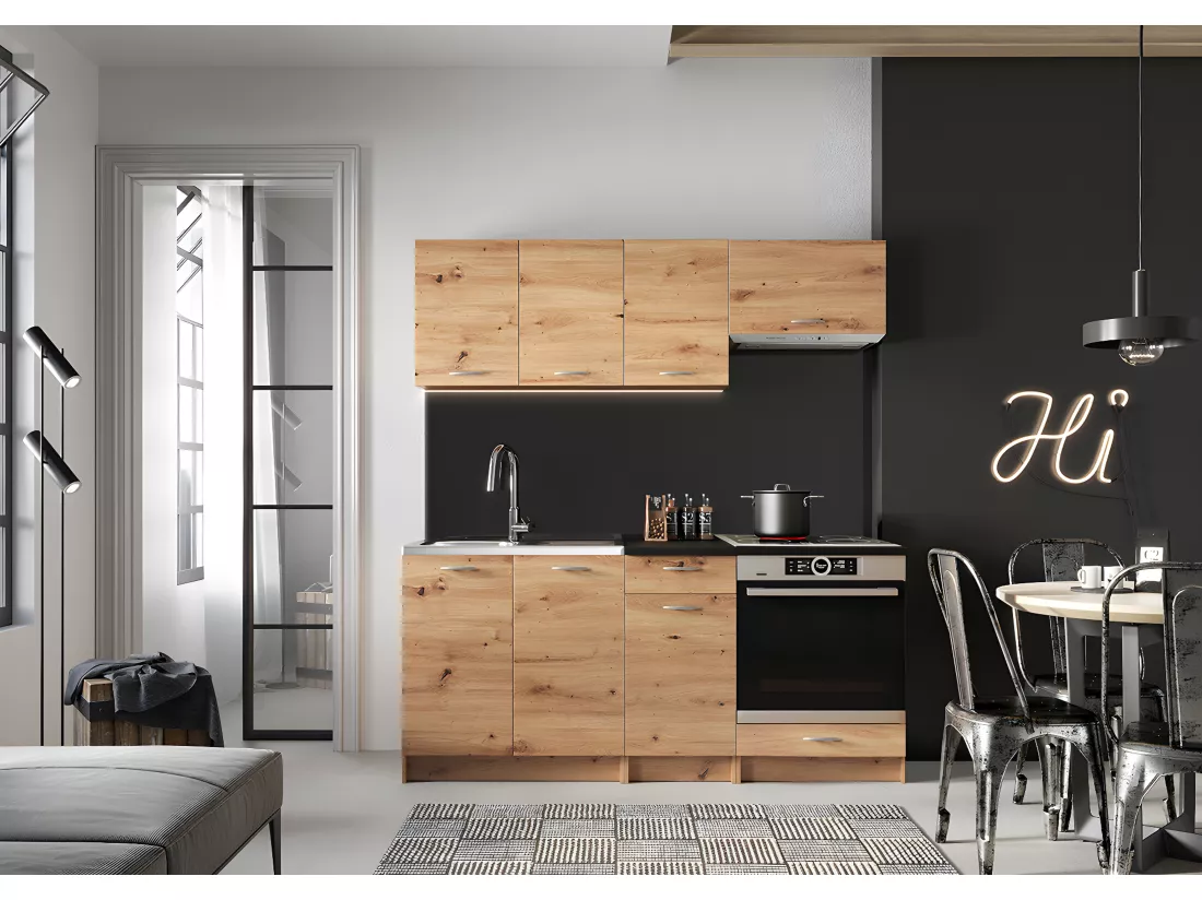 Cuisine complète MILA 6 éléments couleur chêne Artisan avec plan de travail inclus -Longueur 180 cm