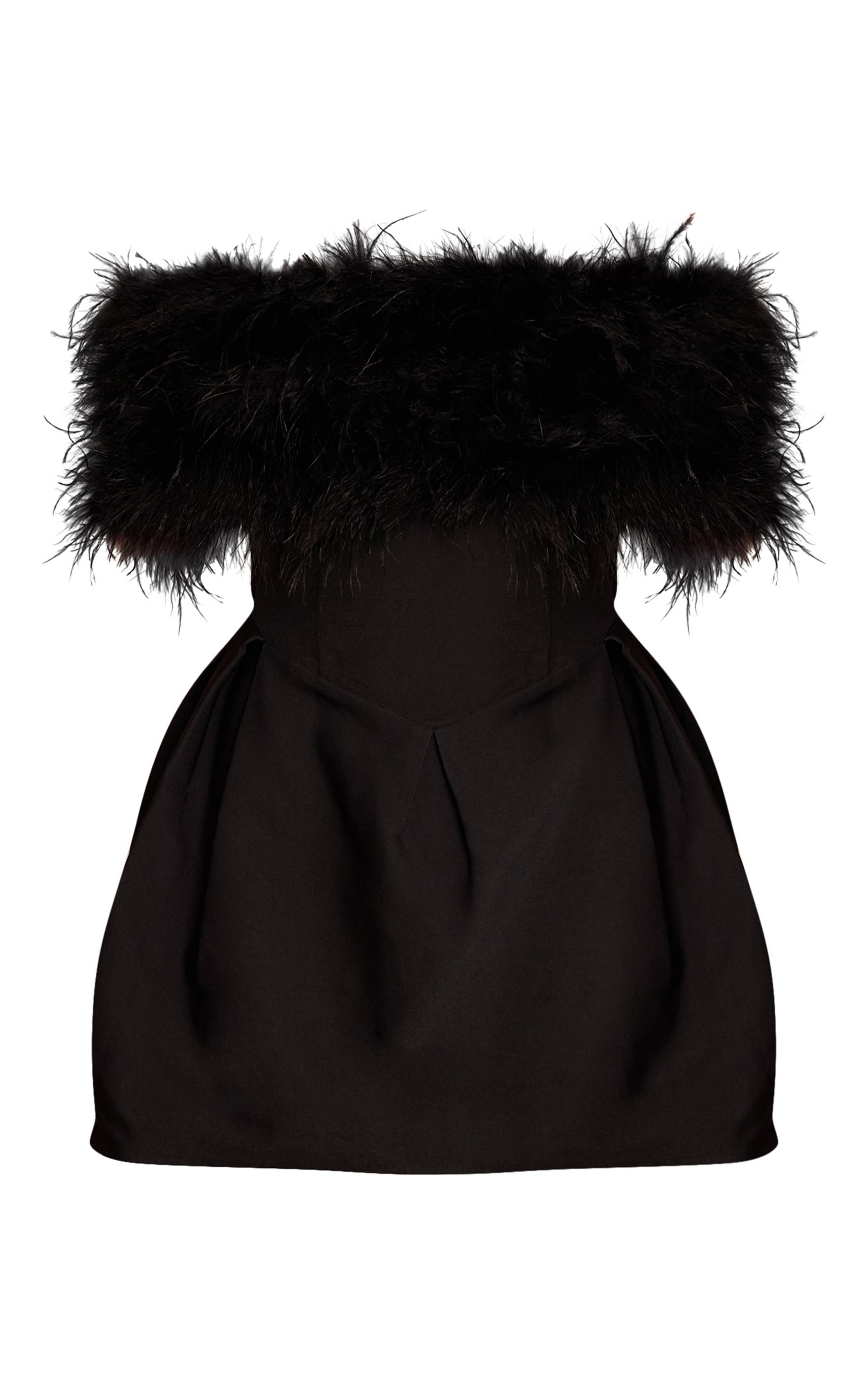 Noir Robe Mini Tulipe Bardot Tissée Premium Avec Plumes