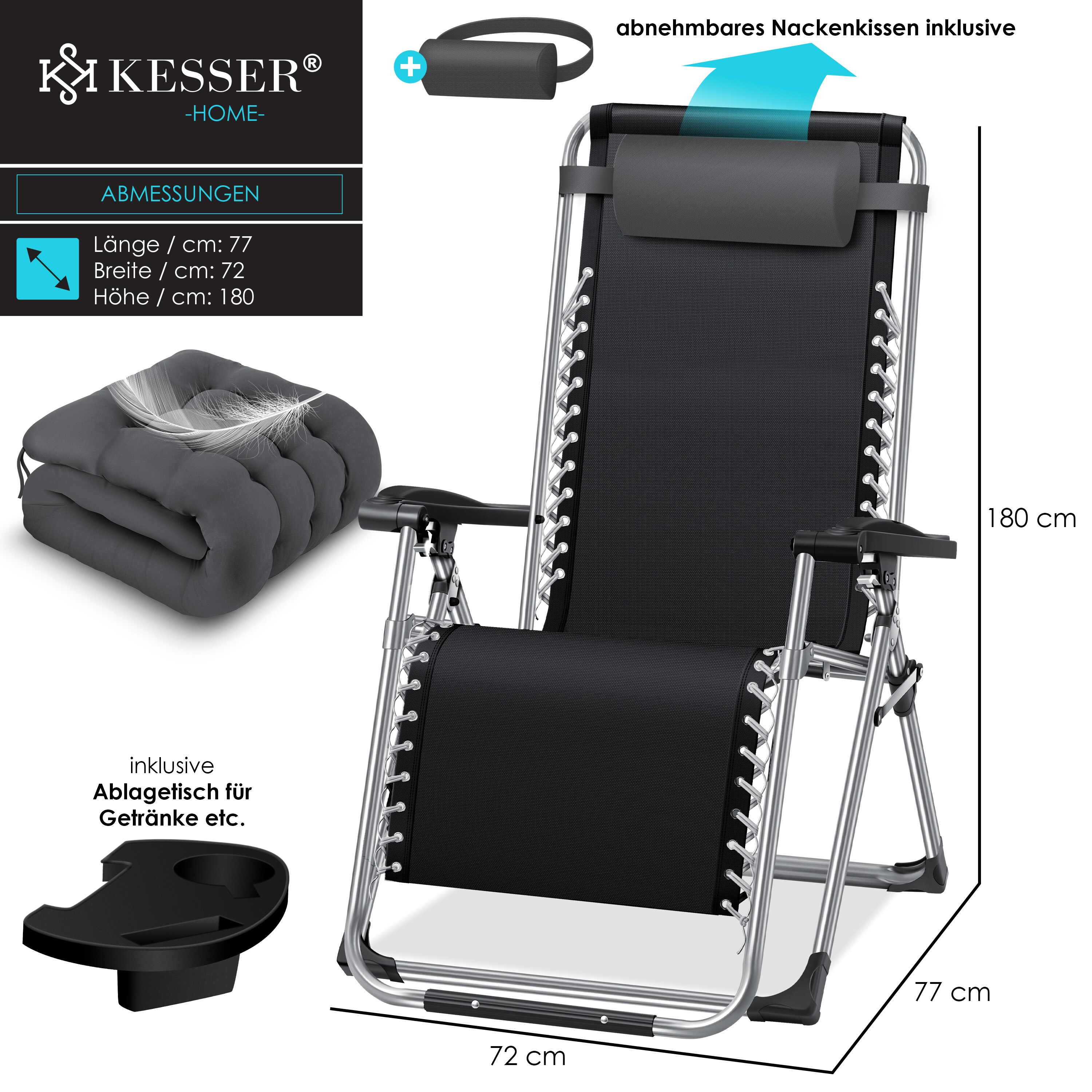 KESSER® Sonnenliege Liegestuhl Klappbar Mit Getränkehalter Gartenstuhl Mit Auflage Polster, Liegestuhl, Extra groß Gartenliege, Verstellbar Rückenlehne Garten Liege mit Kissen-Unterstützung