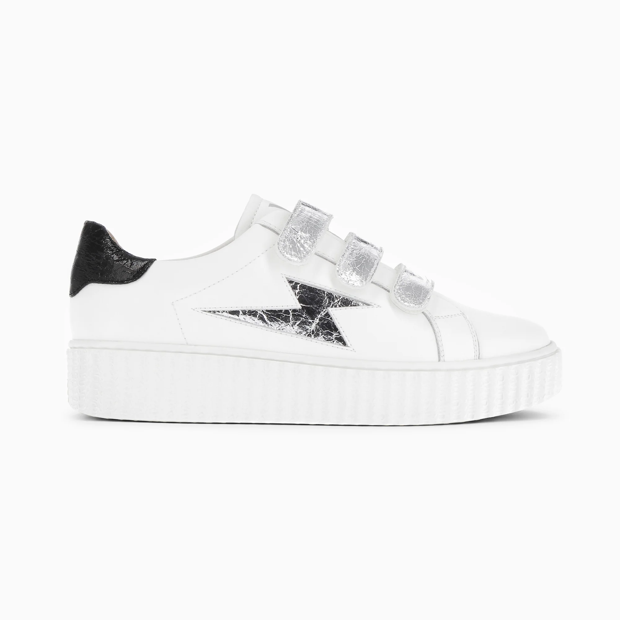 Sneakers-Baskets éclair Jane blanches en cuir à scratchs argent