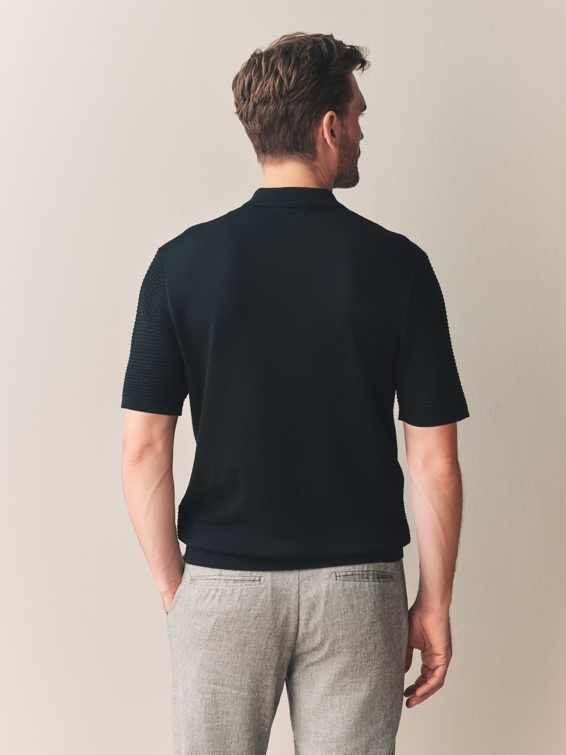 Zwart - Regular Fit Signature 100% Merino Wol Textuur Korte Mouw Kwart Ritssluiting Gebreid Poloshirt