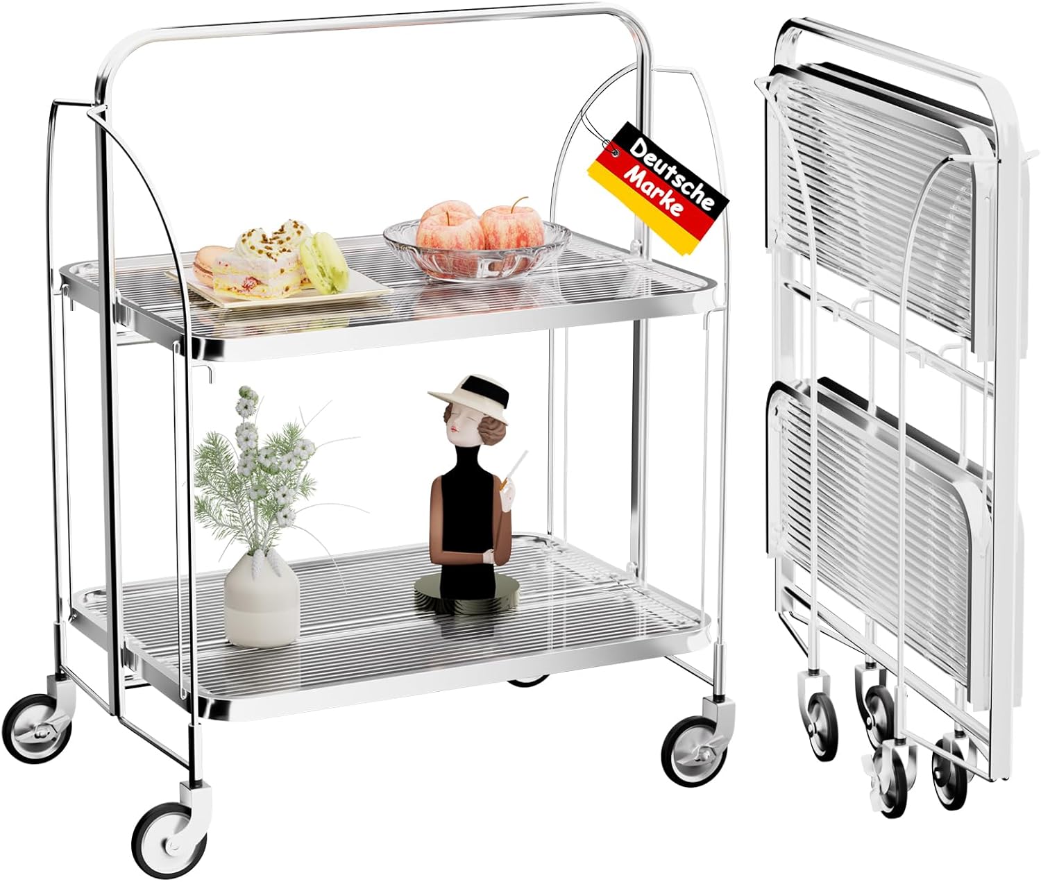 Servierwagen mit Rollen, Servierwagen Klappbar, Dinett 2 Tier Ablagekorb aus Temperglas with Wheels, für Küche, Barwagen, Rollwagen Metall, Teewagen, Weinwagen, moderner Getränkewagen