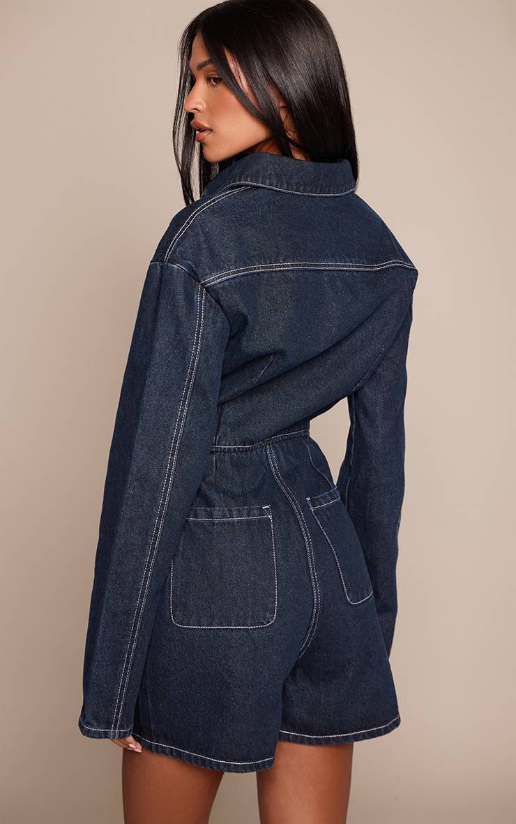 Raw Indigo Wash Combi-short En Jean Indigo Brut À Manches Longues Pour Grandes Tailles