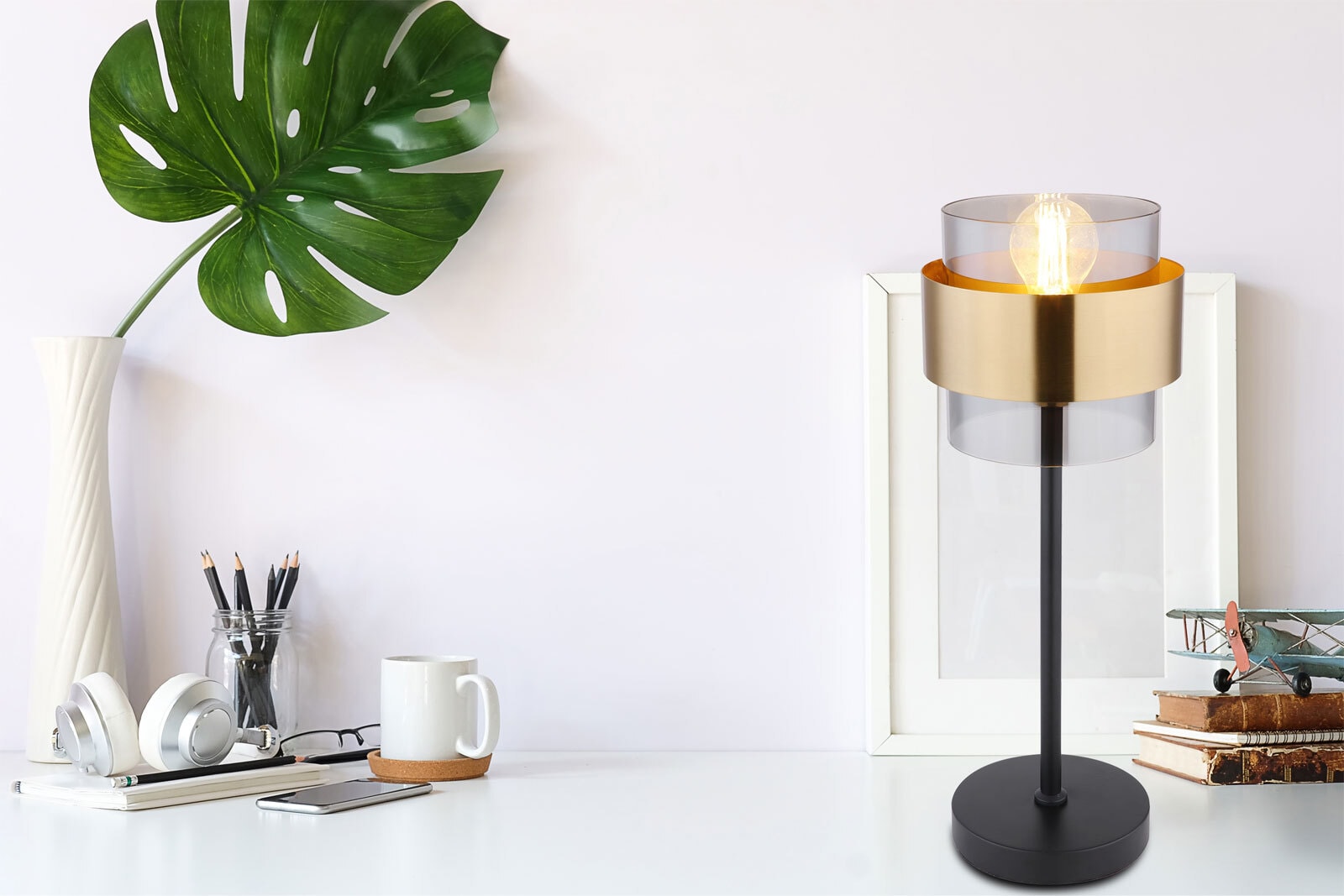 MILLEY Tischlampe goldfarben, schwarz 155, D/H: 18 x 47 cm, Glas, Metall