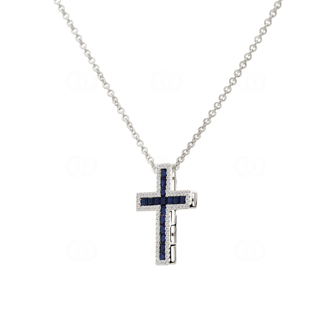 Collier 750/18 K Weissgold Kreuz mit Saphiren & Diamanten 0.23 ct H/si