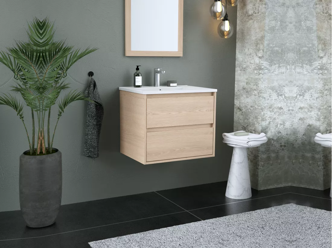 Meuble de salle de bain suspendu avec vasque à encastrer - Placage chêne - 60 cm - MILIPAM
