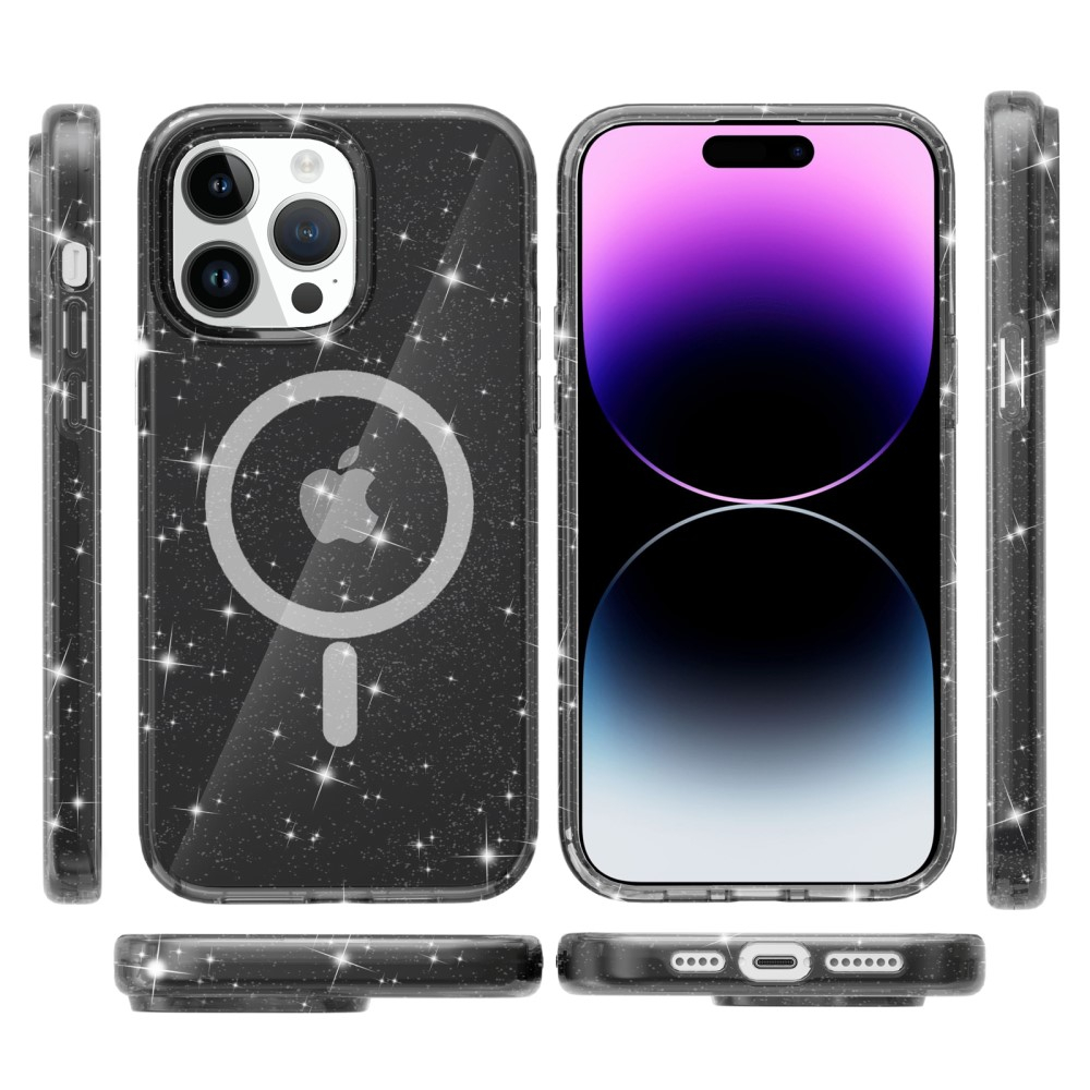iPhone 15 Pro MagSafe Hybrid Hardcase Hülle mit TPU Bumper Glitzer Design - Schwarz / Transparent
