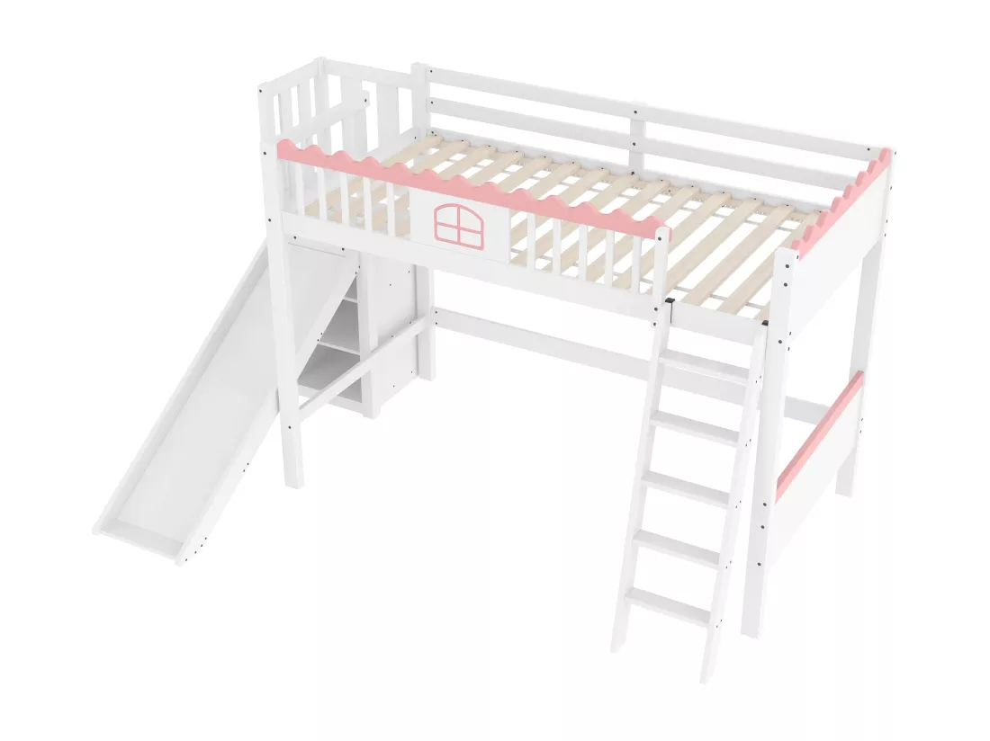 Lit mezzanine enfant 90x200 cm - avec éclairage LED - avec étagères - avec toboggan - Bois massif - Blanc (sans matelas)