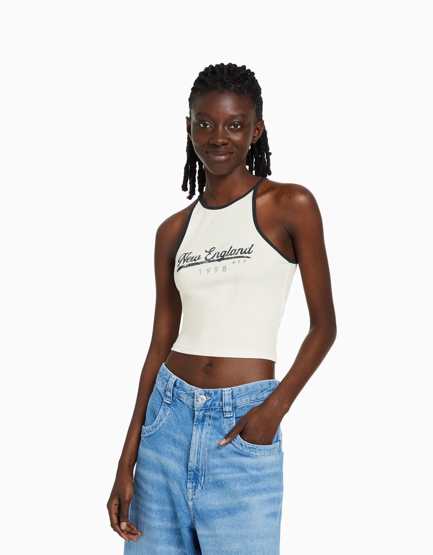 Camiseta canelada com estampa e alças finas