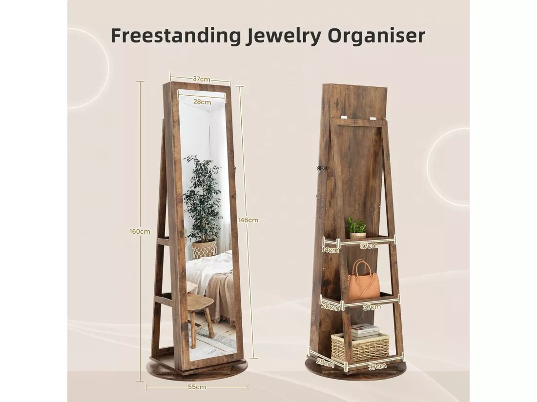Armoire à bijoux pivotante, avec miroir pleine longueur et avec des clés, 55x55x160cm