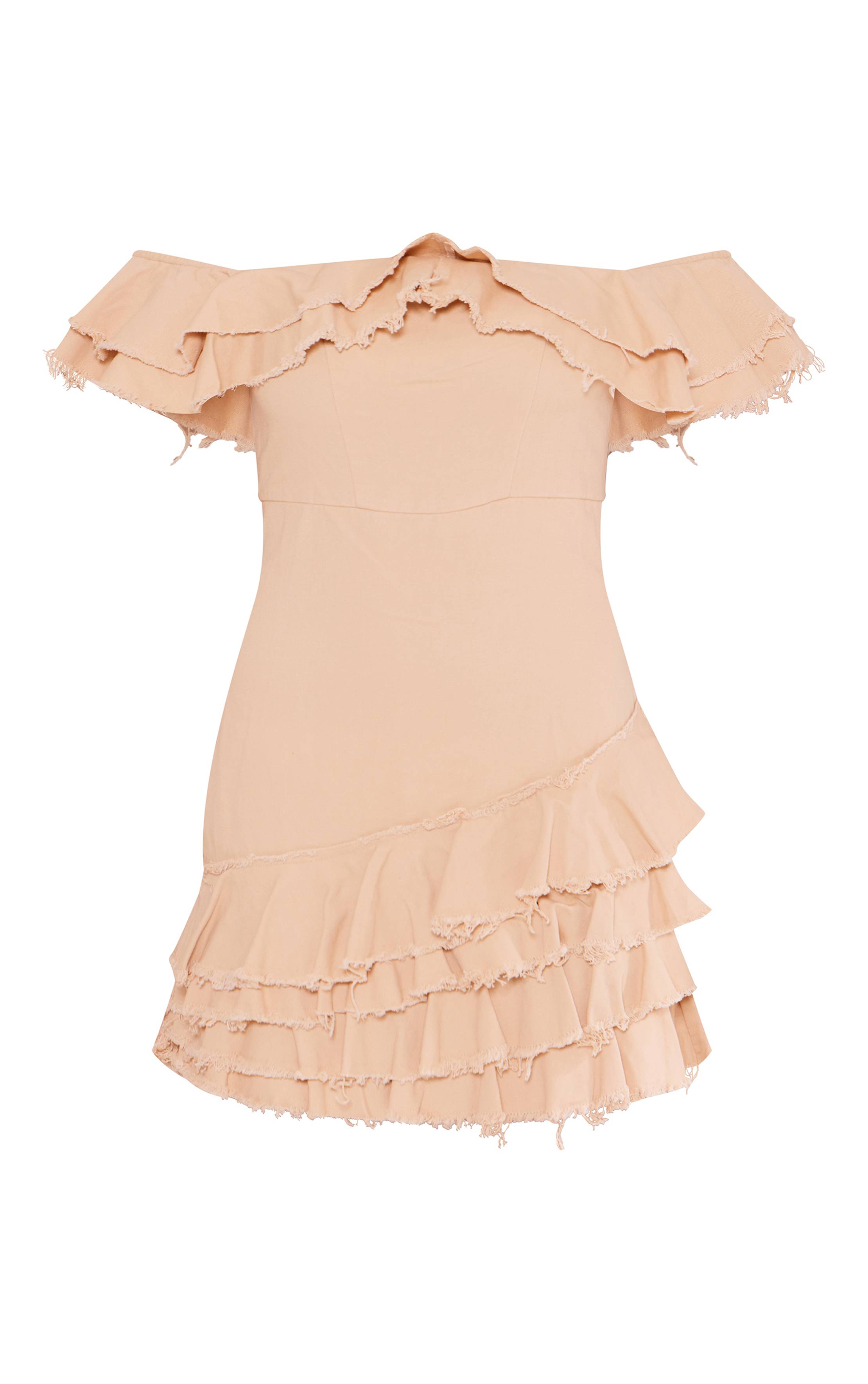 Crème Robe Droite Étagée À Encolure Bardot En Sergé Avec Bords Effilochés