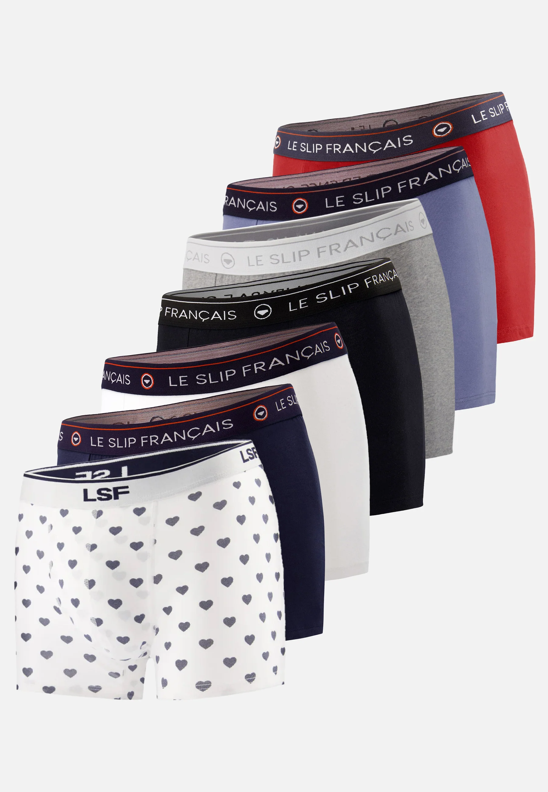 Sept boxers en coton-Pack Semainier Boxer Redoutable Marine Blanc Noir Gris Bleu Jean Rouge Marius Petit Cœur Marine