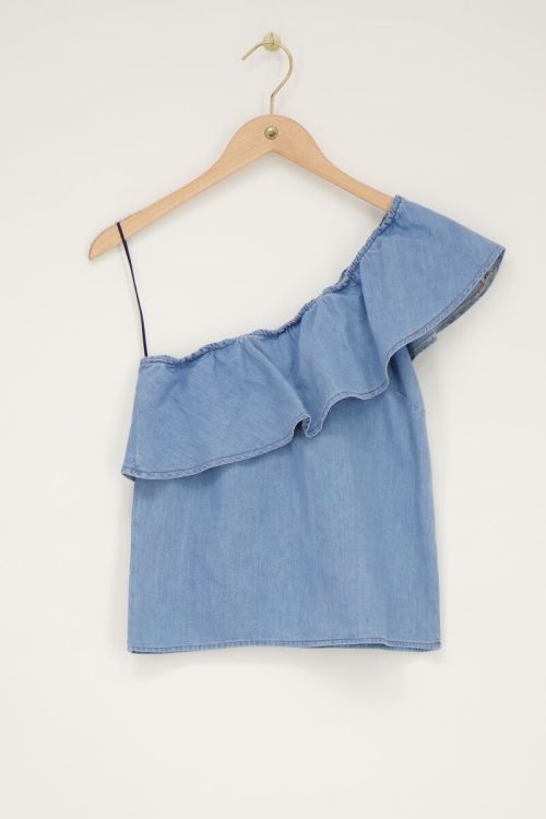 Denim one-shoulder top met ruffle