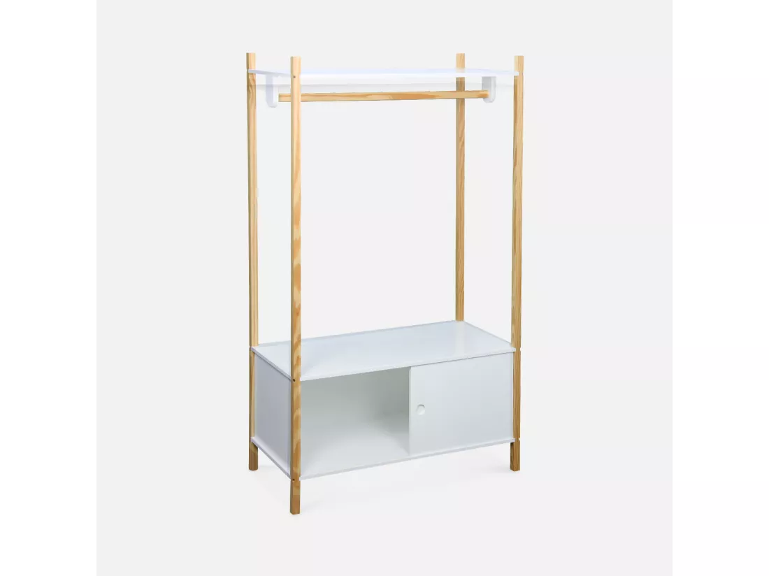 Penderie pour enfants - TOBIAS - deux portes coulissantes et portant bois massif en pin naturel blanc. 80X40X136.5CM