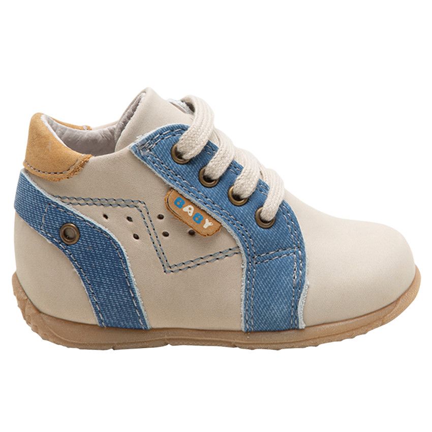 Bottillons à lacets en cuir avec empiècements effet jeans - Ecru