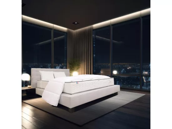 Ensemble Complet Matelas Iris (20 cm) ferme, Sommier gris(20cm) , Tête de lit, Oreiller et Couette, 160x200cm
