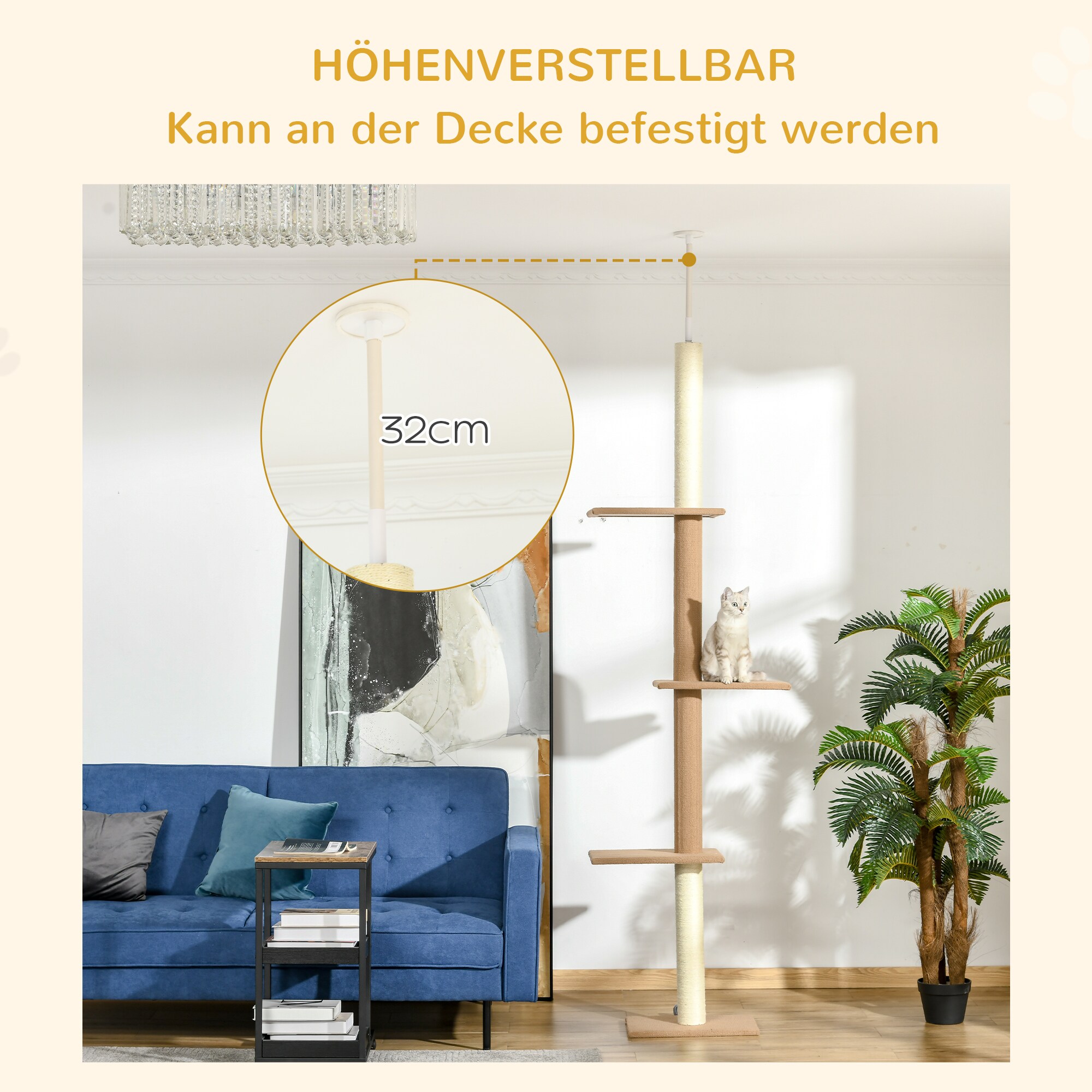 PawHut Kratzbaum Deckenhöhenanpassbar und 4 Plattformen braun 43L x 27B x 228-260H cm