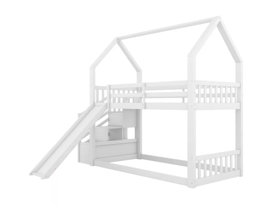 Lit superposé 90x200cm - lit cabane enfant avec escalier de rangement et toboggan, 1x sommier à lattes - blanc