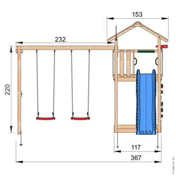 Speeltoestel Jungle Gym Cottage douglas met glijbaan blauw en 2-schommel module