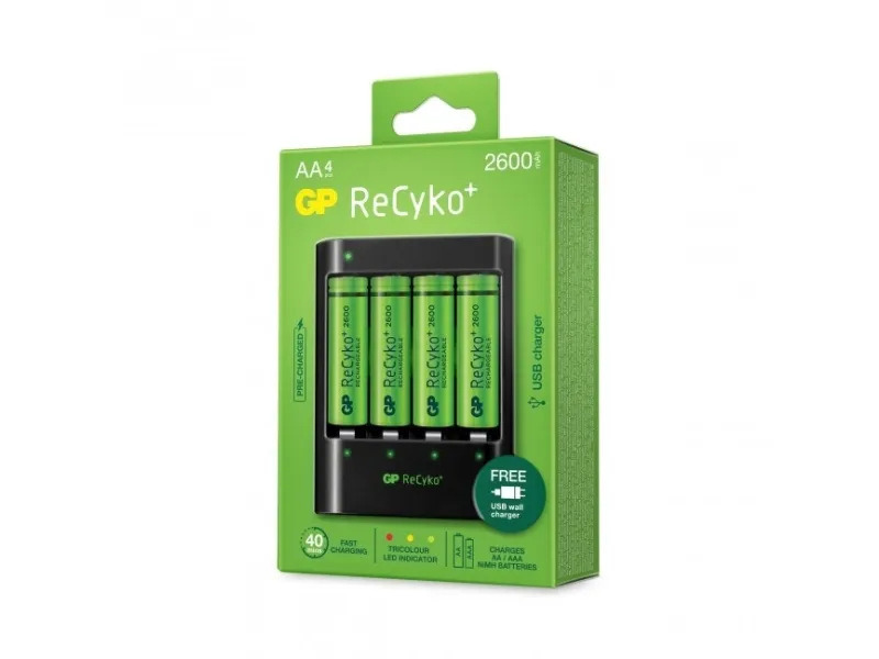 GP Batteries ReCyko  4 x AA Genopladelige Batterier 2600 mAh   Hurtig Oplader