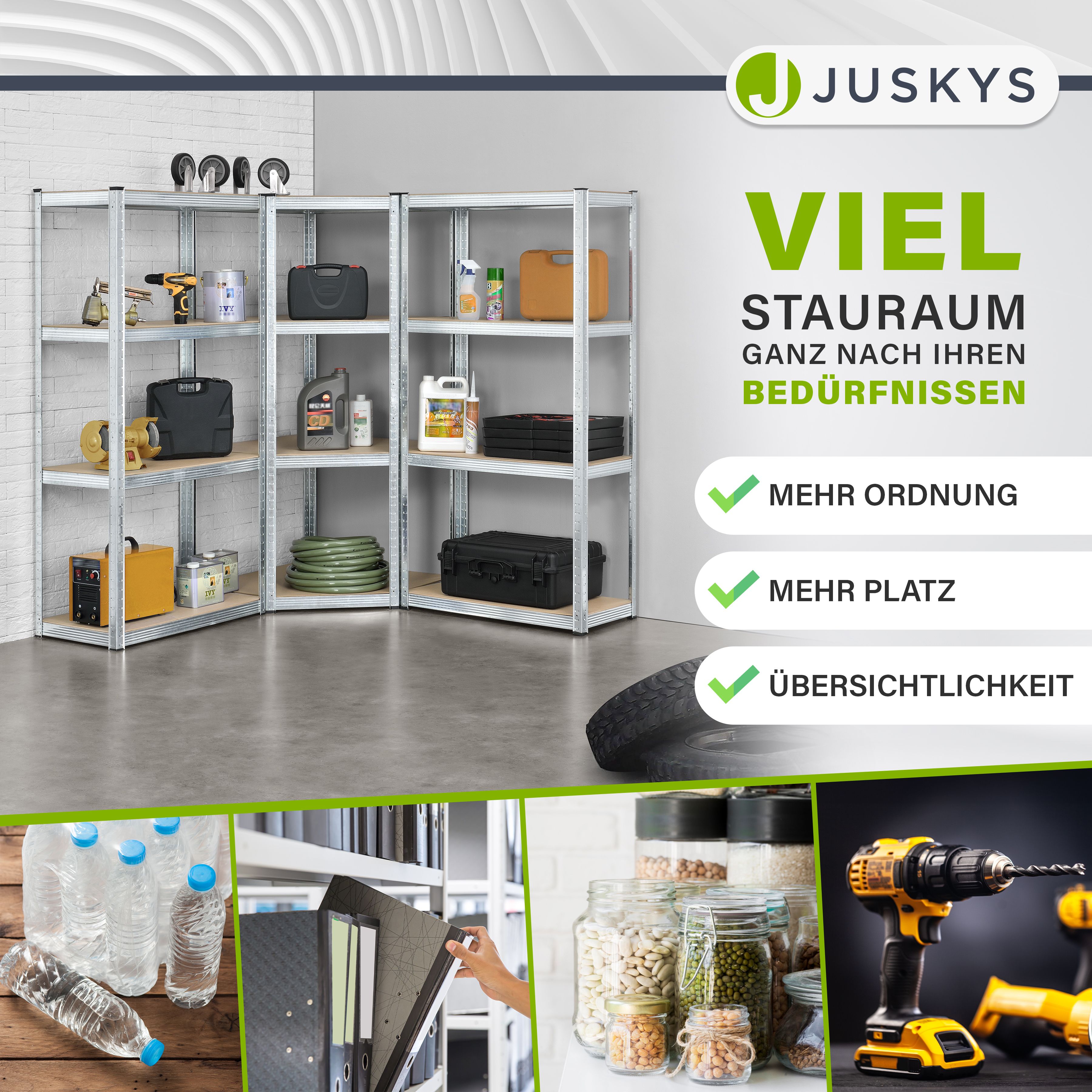 Juskys 3er Metall Regalsystem Easy | 1 Eckregal & 2 Schwerlastregale | 12 MDF Holz Böden | 960kg