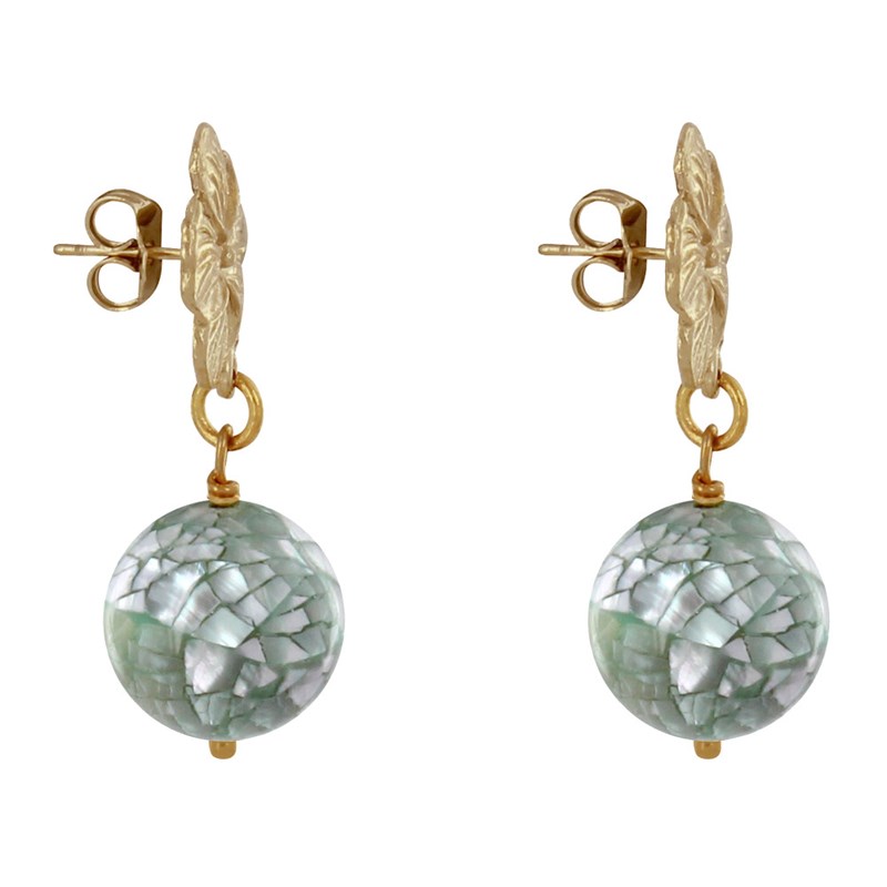 Boucles d'Oreilles Clous Métal Doré Fleur et Perle de Nacre Facettée